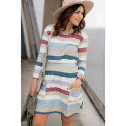Striped Pocket Long Sleeve Dress -Women's Clothing Store BB 9512 ada4a1a2 98bc 4b37 86a8 7ea4efbd188f 1