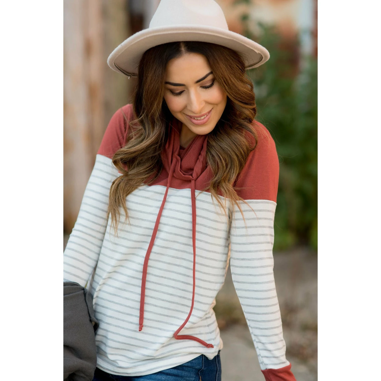 Solid Shoulder Striped Cowl Neck Sweatshirt 2 Solid Shoulder Striped Cowl Neck Sweatshirt - Image 2