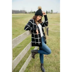 Black/White Button Grid Cardigan -Women's Clothing Store BB 9545