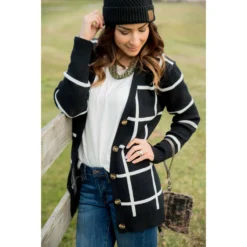 Black/White Button Grid Cardigan -Women's Clothing Store BB 9552