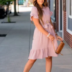 Dressy Ruffle Trim Tie Waist Dress