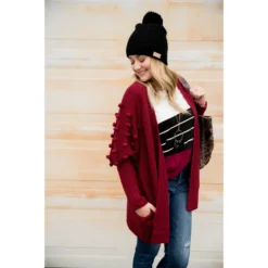 Pom Sleeve Knit Cardigan -Women's Clothing Store BB 9612