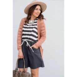 Striped Top Solid Bottom Long Sleeve Tie Dress -Women's Clothing Store BB 9660 1