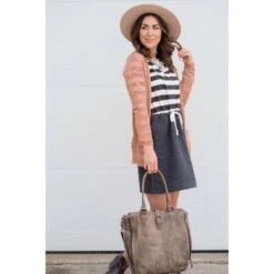 Striped Top Solid Bottom Long Sleeve Tie Dress -Women's Clothing Store BB 9664 2