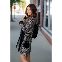 Mini Leopard Solid Trim Tunic Cardigan 14 Mini Leopard Solid Trim Tunic Cardigan -Women's Clothing Store BB 9665