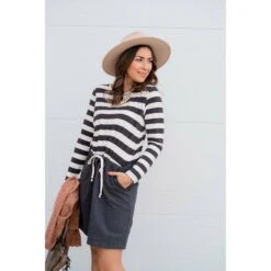 Striped Top Solid Bottom Long Sleeve Tie Dress -Women's Clothing Store BB 9671
