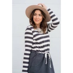 Striped Top Solid Bottom Long Sleeve Tie Dress -Women's Clothing Store BB 9675 1