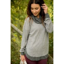Solid Trimmed Striped Cowl Neck -Women's Clothing Store BB 9703