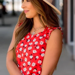 Floating Floral Ruffle Accent V Tank -Women's Clothing Store BB 9751 356538