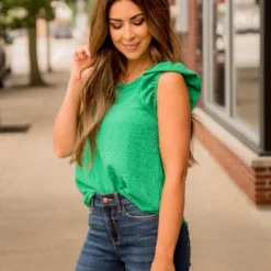 Swiss Dot Puffed Flutter Trim Blouse