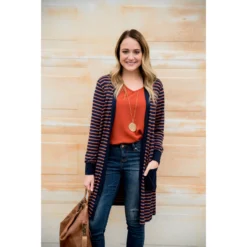 Solid Accent Striped Tunic Cardigan -Women's Clothing Store BB 9789