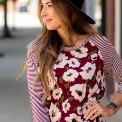 Burgundy Striped/Floral Long Sleeve Tee