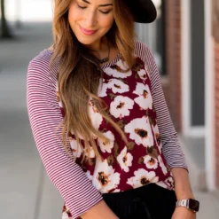 Burgundy Striped/Floral Long Sleeve Tee -Women's Clothing Store BB 9928 da44a1df 6e25 45ff a647 7c7f623ddd42 739343
