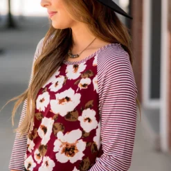 Burgundy Striped/Floral Long Sleeve Tee -Women's Clothing Store BB 9930 ecf6f4b0 e766 4e87 8d77 13ddb6bbb65f 688195