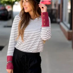 Striped Button Accent Long Sleeve -Women's Clothing Store BB 9957 b91a803d 56a6 43db a777 0df9208b373b 969354