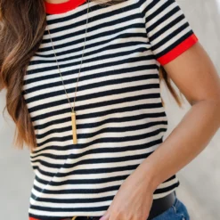 Colorpop Trim Striped Knit Tee -Women's Clothing Store DSC 1072
