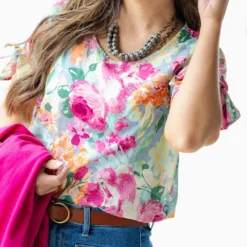 Watercolor Roses Tie Sleeve Blouse -Women's Clothing Store DSC 1177