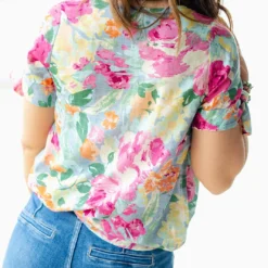 Watercolor Roses Tie Sleeve Blouse -Women's Clothing Store DSC 1188