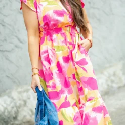 Brush Stroked Petals Ruffle Accented Midi Dress -Women's Clothing Store DSC 1473