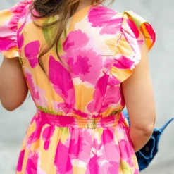 Brush Stroked Petals Ruffle Accented Midi Dress -Women's Clothing Store DSC 1484