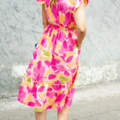 Brush Stroked Petals Ruffle Accented Midi Dress -Women's Clothing Store DSC 1491