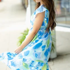 Brush Stroked Petals Ruffle Accented Midi Dress -Women's Clothing Store DSC 1563