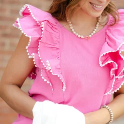 Eyelet Trimmed Double Flutter Blouse -Women's Clothing Store DSC 2145