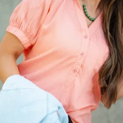 Cinched Sleeve Button Accented Blouse -Women's Clothing Store DSC 2286