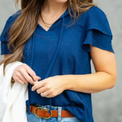 Stitched Dots Dual Flutter Tie Blouse