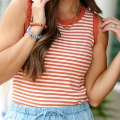 Solid Scalloped Trim Striped Tank 16 Solid Scalloped Trim Striped Tank -Women's Clothing Store DSC 2554