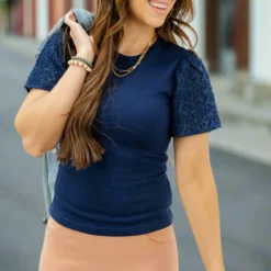 Stitched Floral Sleeve Tee -Women's Clothing Store DSC 2690