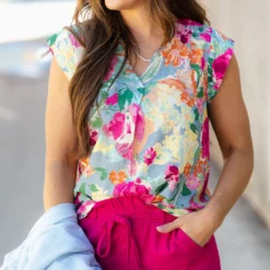 Watercolor Roses V-Neck Blouse