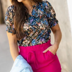 Dainty Wildflowers Ruched Puff Sleeve V Blouse