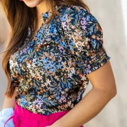 Dainty Wildflowers Ruched Puff Sleeve V Blouse -Women's Clothing Store DSC 3193