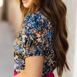 Dainty Wildflowers Ruched Puff Sleeve V Blouse -Women's Clothing Store DSC 3200