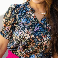Dainty Wildflowers Ruched Puff Sleeve V Blouse -Women's Clothing Store DSC 3209