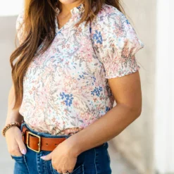 Dainty Wildflowers Ruched Puff Sleeve V Blouse -Women's Clothing Store DSC 3268