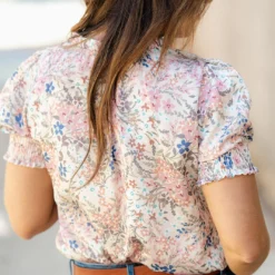 Dainty Wildflowers Ruched Puff Sleeve V Blouse -Women's Clothing Store DSC 3280
