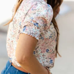 Dainty Wildflowers Ruched Puff Sleeve V Blouse -Women's Clothing Store DSC 3282
