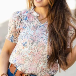 Dainty Wildflowers Ruched Puff Sleeve V Blouse -Women's Clothing Store DSC 3287