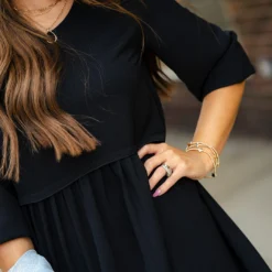 Faux Layered 3/4 Sleeve Dress -Women's Clothing Store DSC 3370