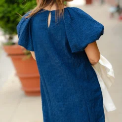 Woven Checkered Puff Sleeve Dress -Women's Clothing Store DSC 3398