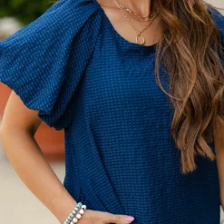 Woven Checkered Puff Sleeve Dress -Women's Clothing Store DSC 3406