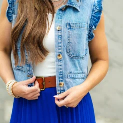 Two Pocket Ruffle Trim Denim Vest -Women's Clothing Store DSC 3810
