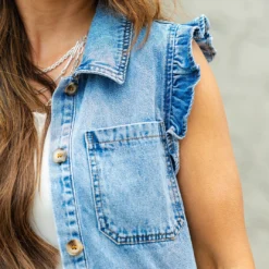Two Pocket Ruffle Trim Denim Vest -Women's Clothing Store DSC 3812