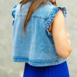 Two Pocket Ruffle Trim Denim Vest -Women's Clothing Store DSC 3817