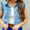 Two Pocket Ruffle Trim Denim Vest