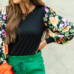 Bold Blooms Sleeve Solid Body Blouse -Women's Clothing Store DSC 4013