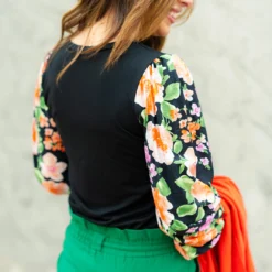 Bold Blooms Sleeve Solid Body Blouse -Women's Clothing Store DSC 4018