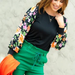 Bold Blooms Sleeve Solid Body Blouse